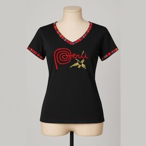 Peru Embroidered Pima Cotton Tee XXL Black Andean Trim Graphic Top